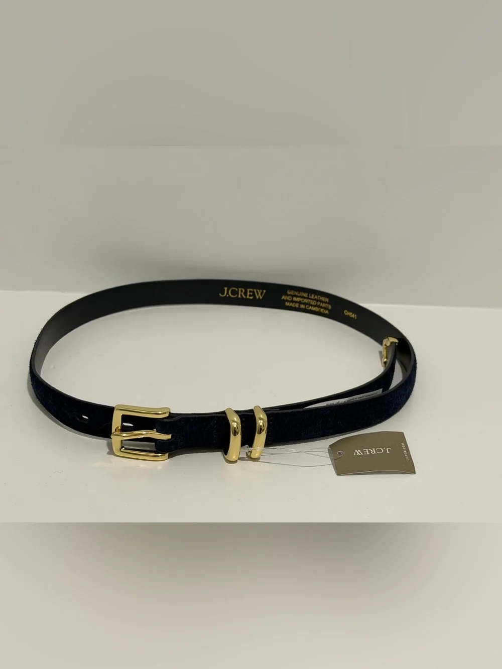 NEW J. Crew Thin Suede Belt Darkest Indigo shiny gold buckle CH541 $70 Navy XS - Picture 6 of 11